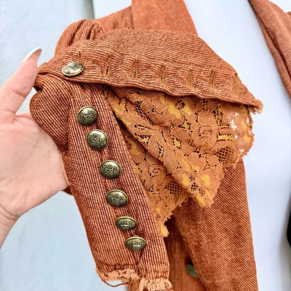 FREE PEOPLE Throwback Corduroy Jacket Lace Victorian Gothic Peplum Blazer Rust